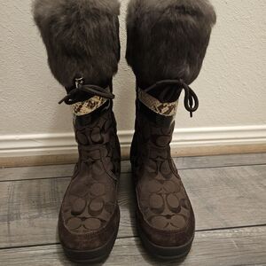 Coach Brown Logo Patterned Boots with Rabbit Fur Trim